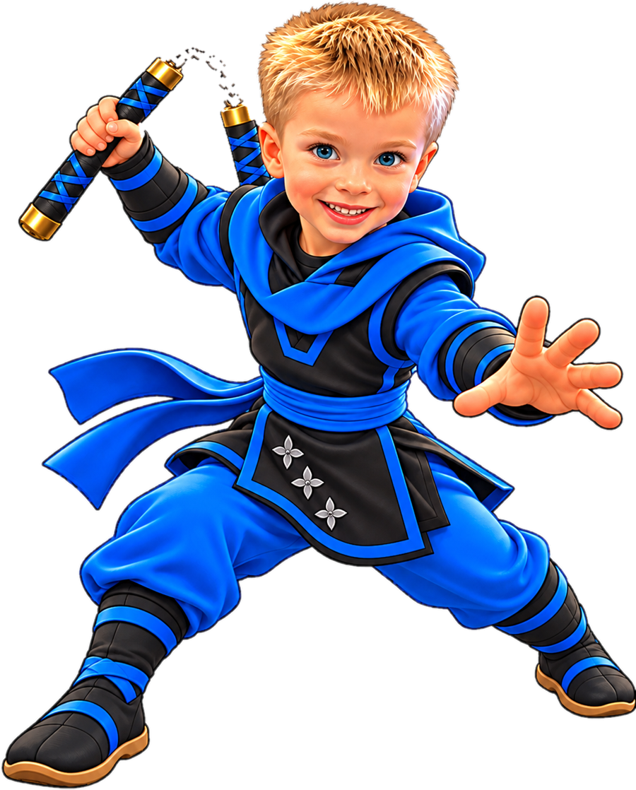 Ozzie in his blue ninja outfit with nunchucks
